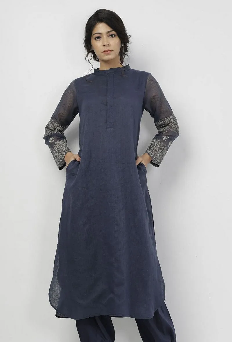 Aegean Blue Mandarin Collar Floral Hand-Block Kota Kurta