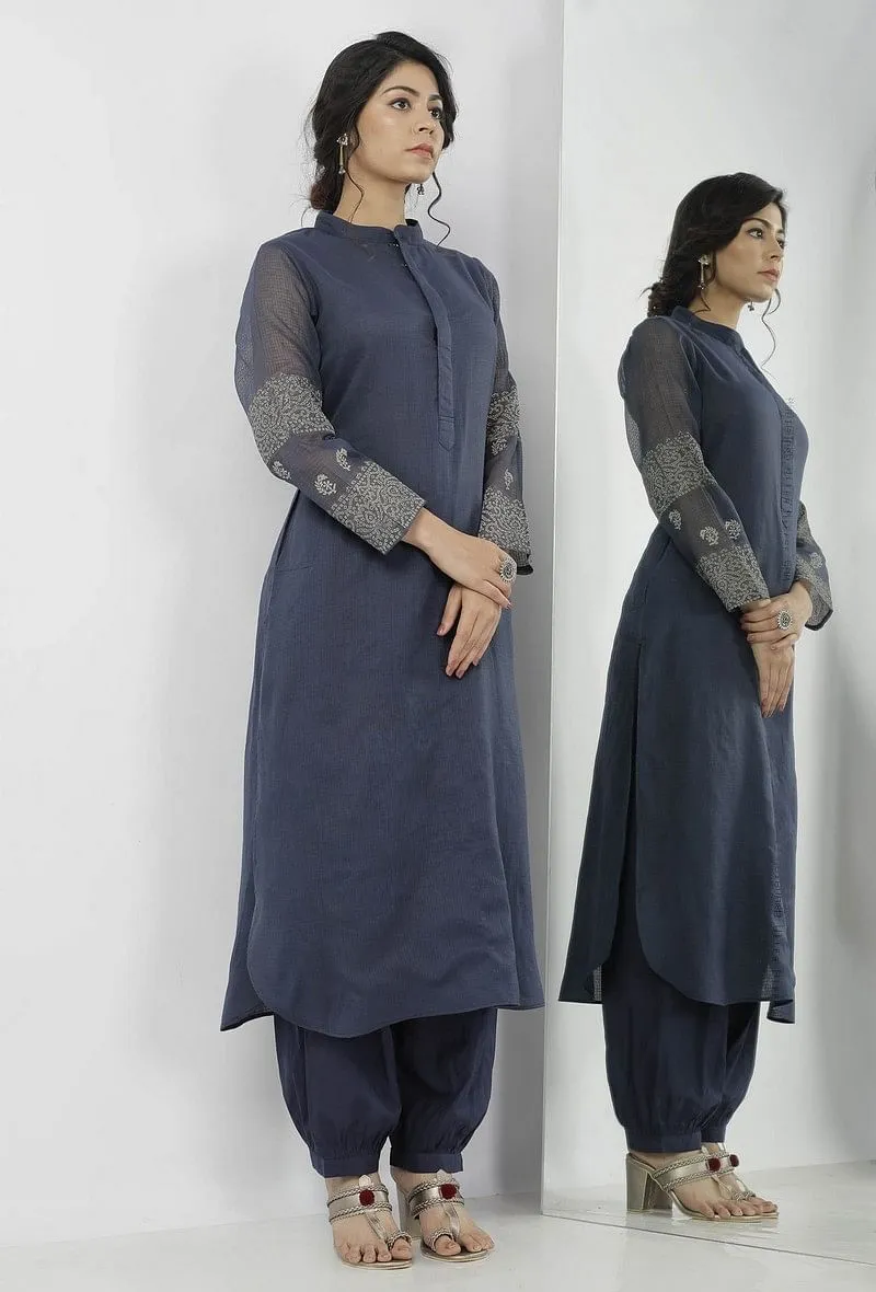 Aegean Blue Mandarin Collar Floral Hand-Block Kota Kurta