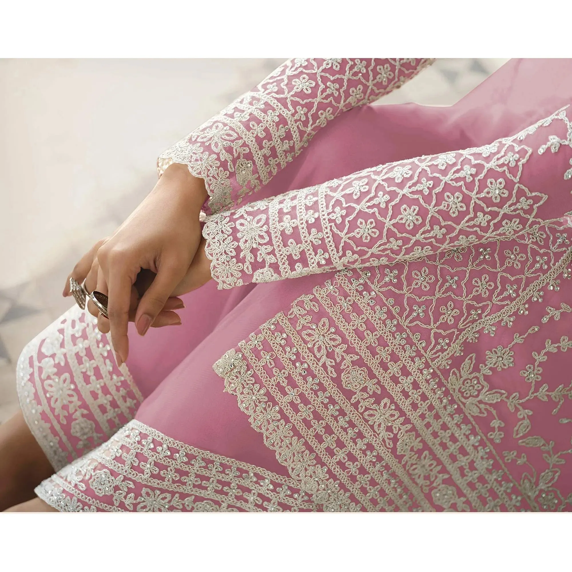 Alluring Light Pink Color Embroidered Net Beautiful Palazzo Suit