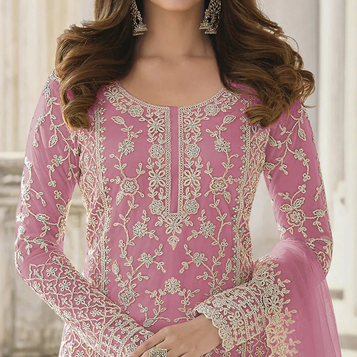 Alluring Light Pink Color Embroidered Net Beautiful Palazzo Suit