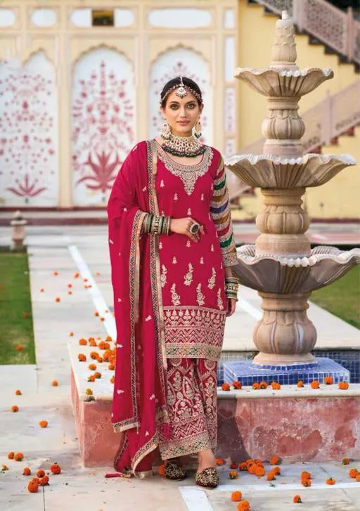 Amazing Pink Color Silk Embroidery Palazzo Suits Kurti With Dupatta