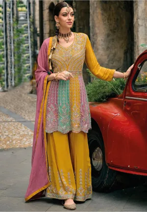 Attractive Multicolor Embroidered Chinon Chiffon Designer Pakistani Palazzo Suit For Women