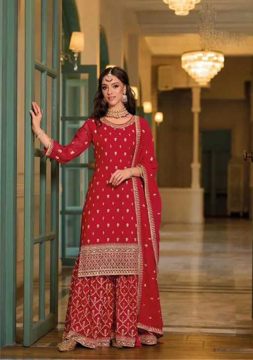 Attractive Red Color Designer Blooming Georgette With Embroided Work Palazzo Suits With Fancy Dupatta