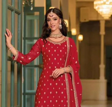 Attractive Red Color Designer Blooming Georgette With Embroided Work Palazzo Suits With Fancy Dupatta