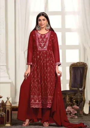 Attractive Red Color Designer kurti With Palazzo Suits With Nazmin Dupatta