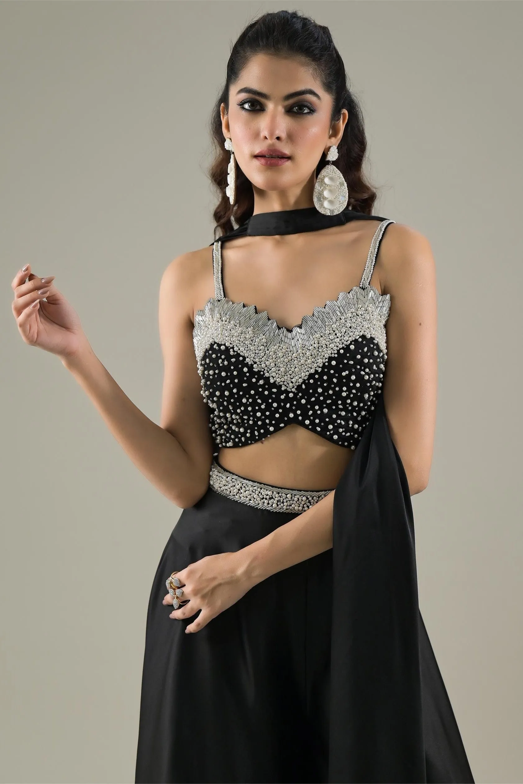 Black Embellished Premium Net Palazzo Set