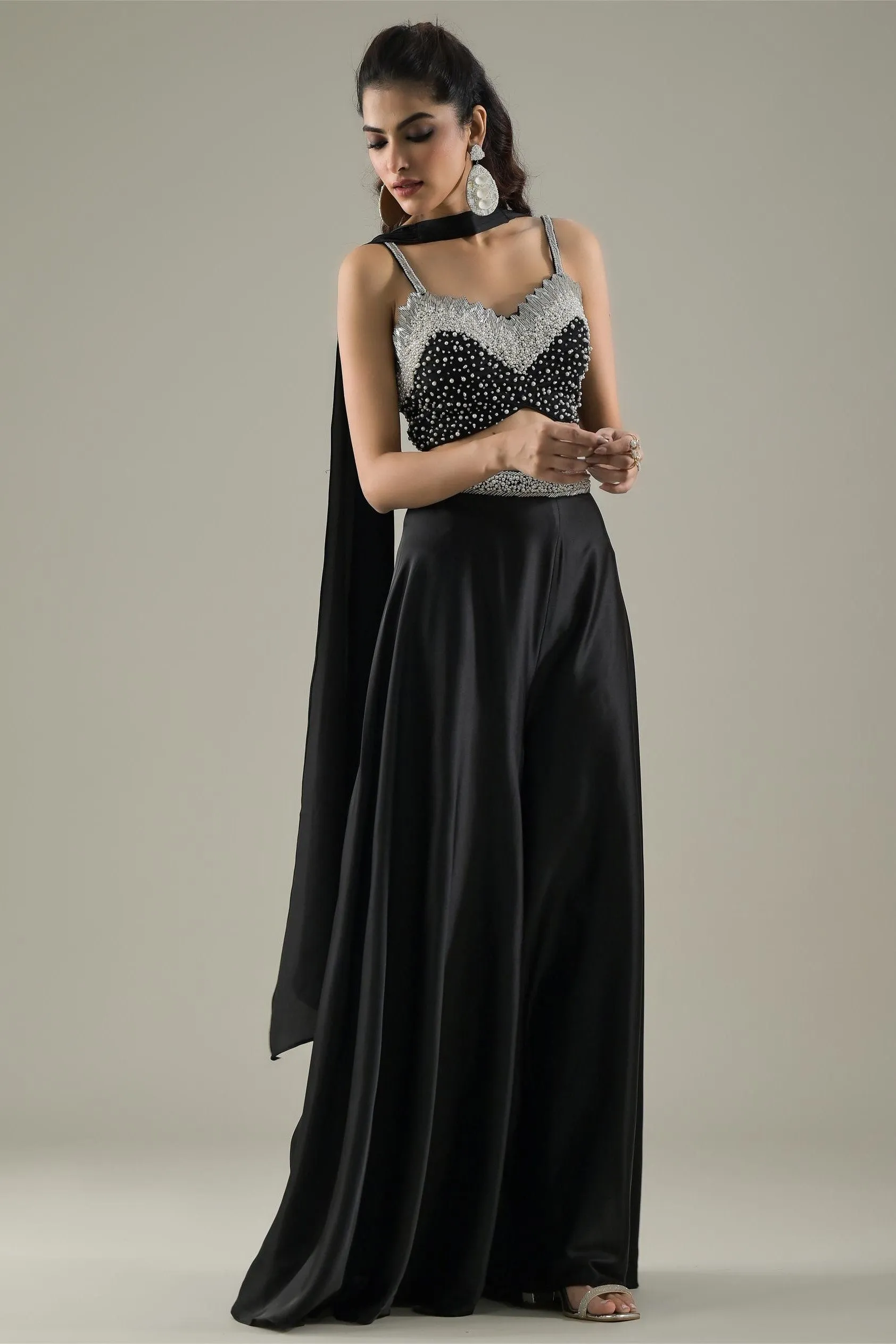 Black Embellished Premium Net Palazzo Set