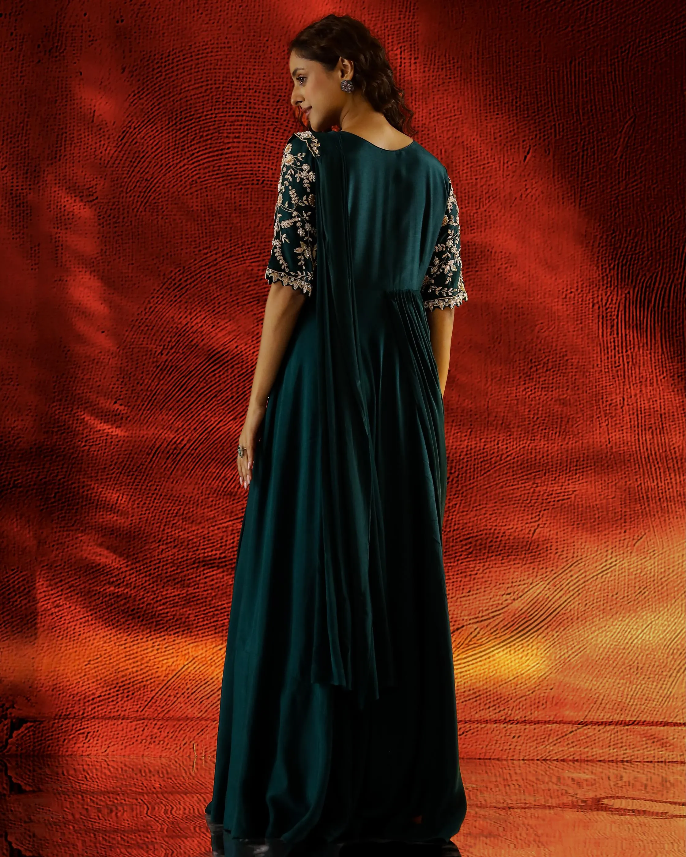 Bottle Green Embroidered Raw Silk Gown