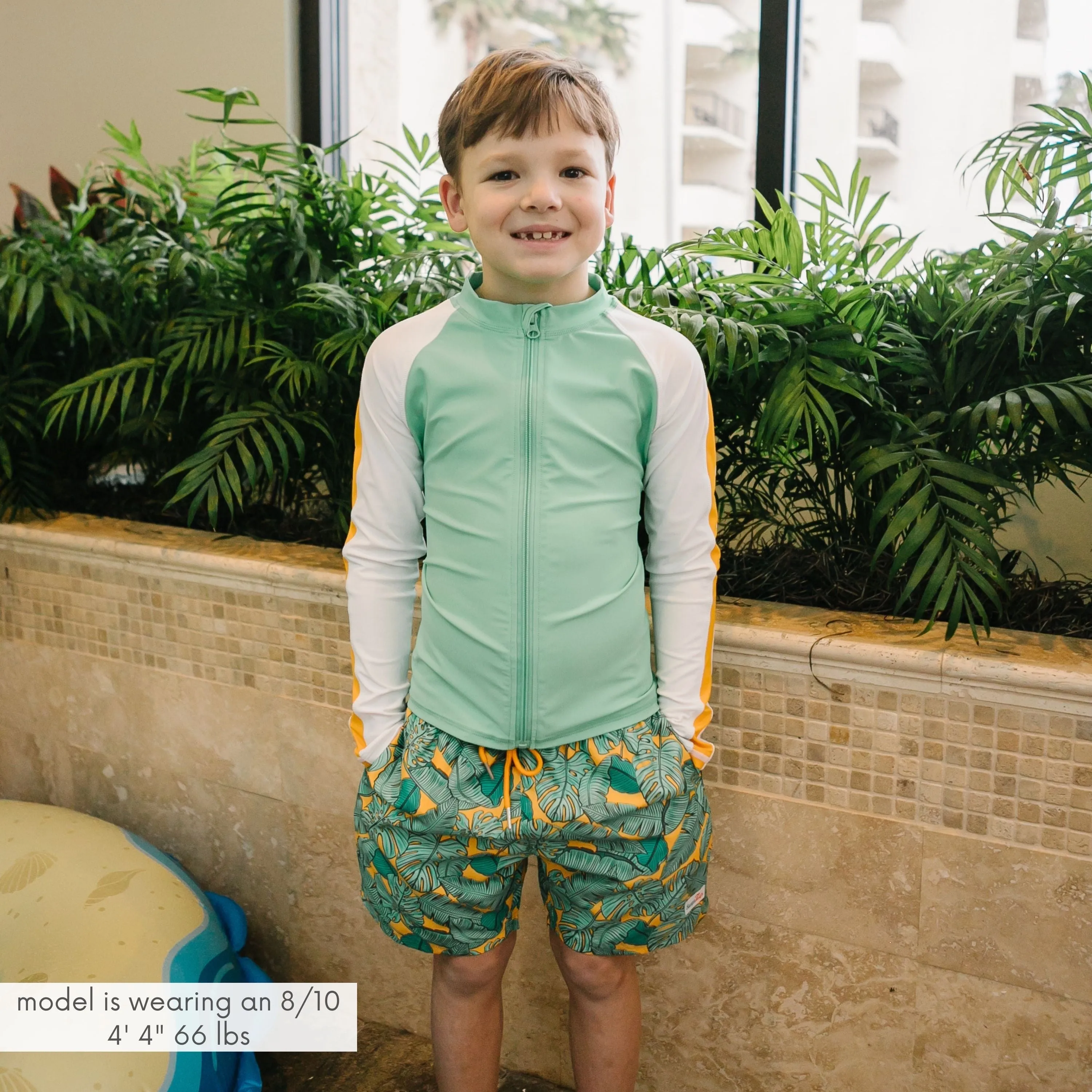 Boys Long Sleeve Zipper Rash Guard and Swim Trunk Set | "The Tropics"