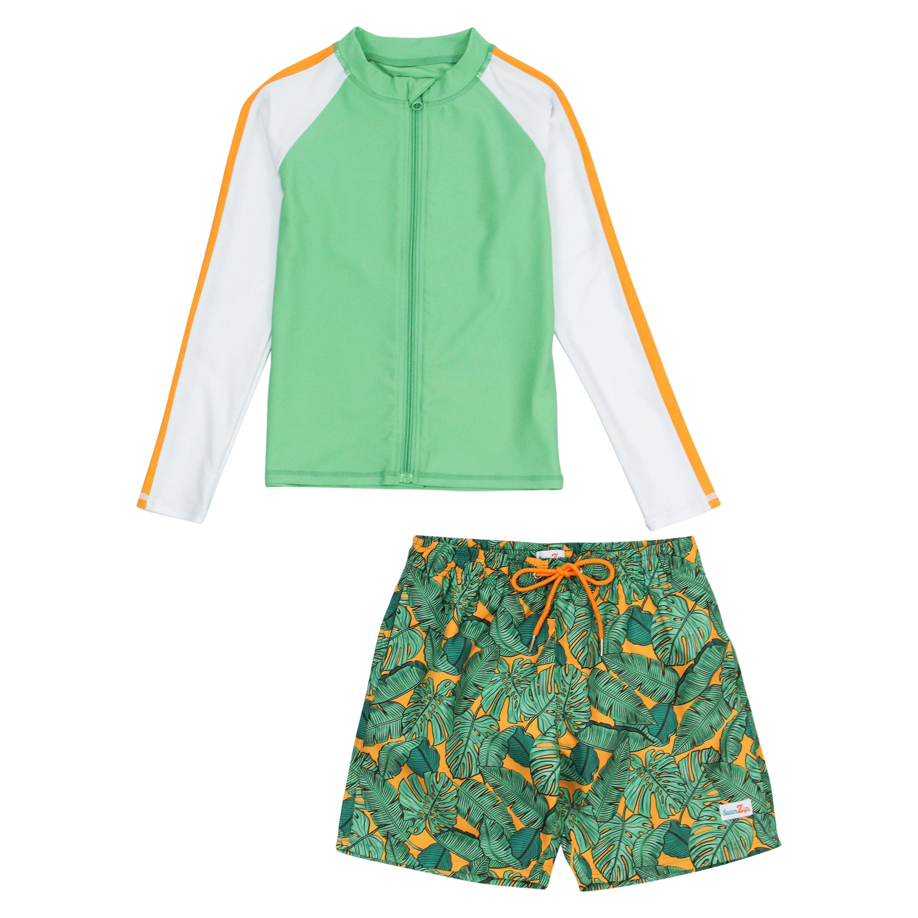 Boys Long Sleeve Zipper Rash Guard and Swim Trunk Set | "The Tropics"