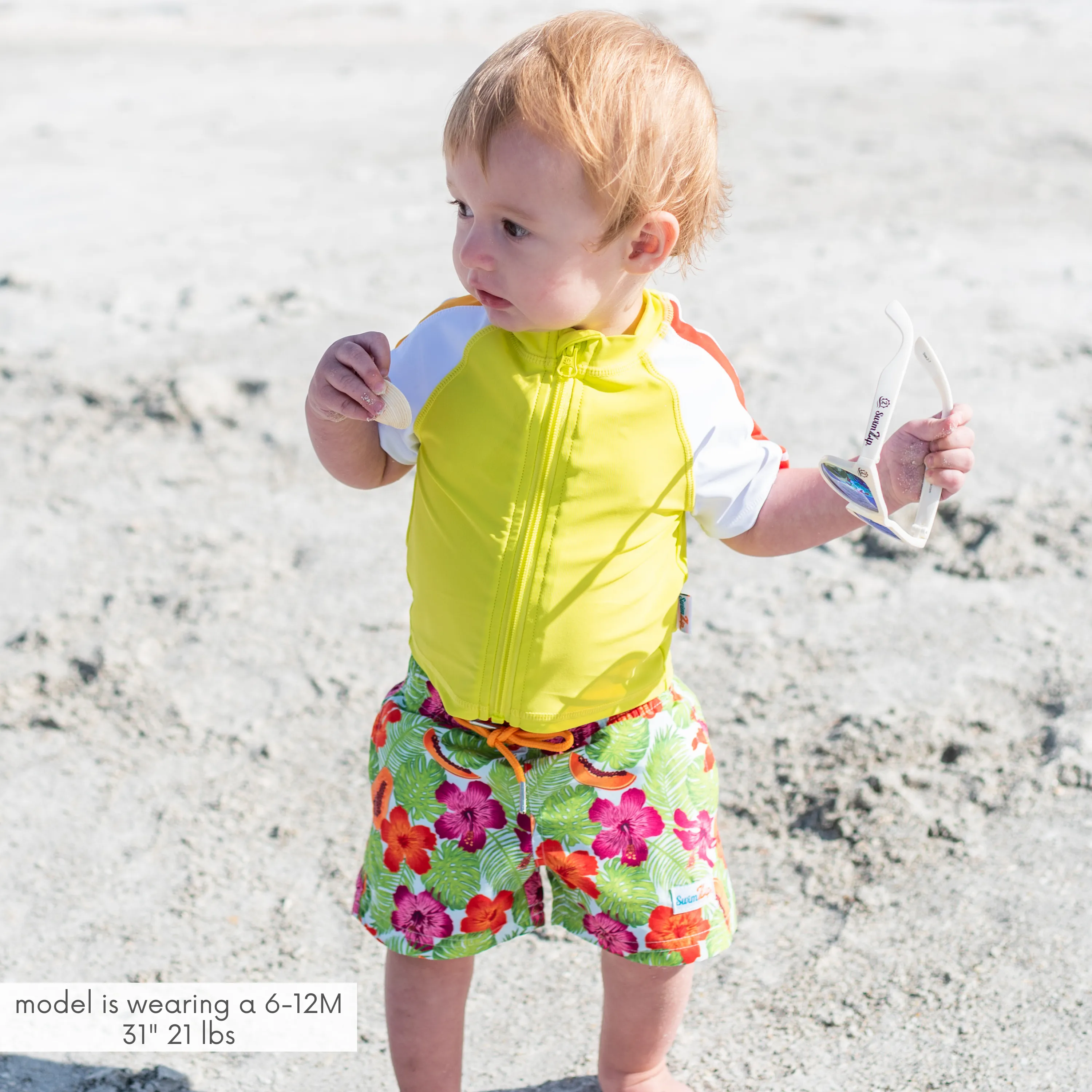 Boys Short Sleeve Zipper Rash Guard and Swim Trunk Set | "Hibiscus"