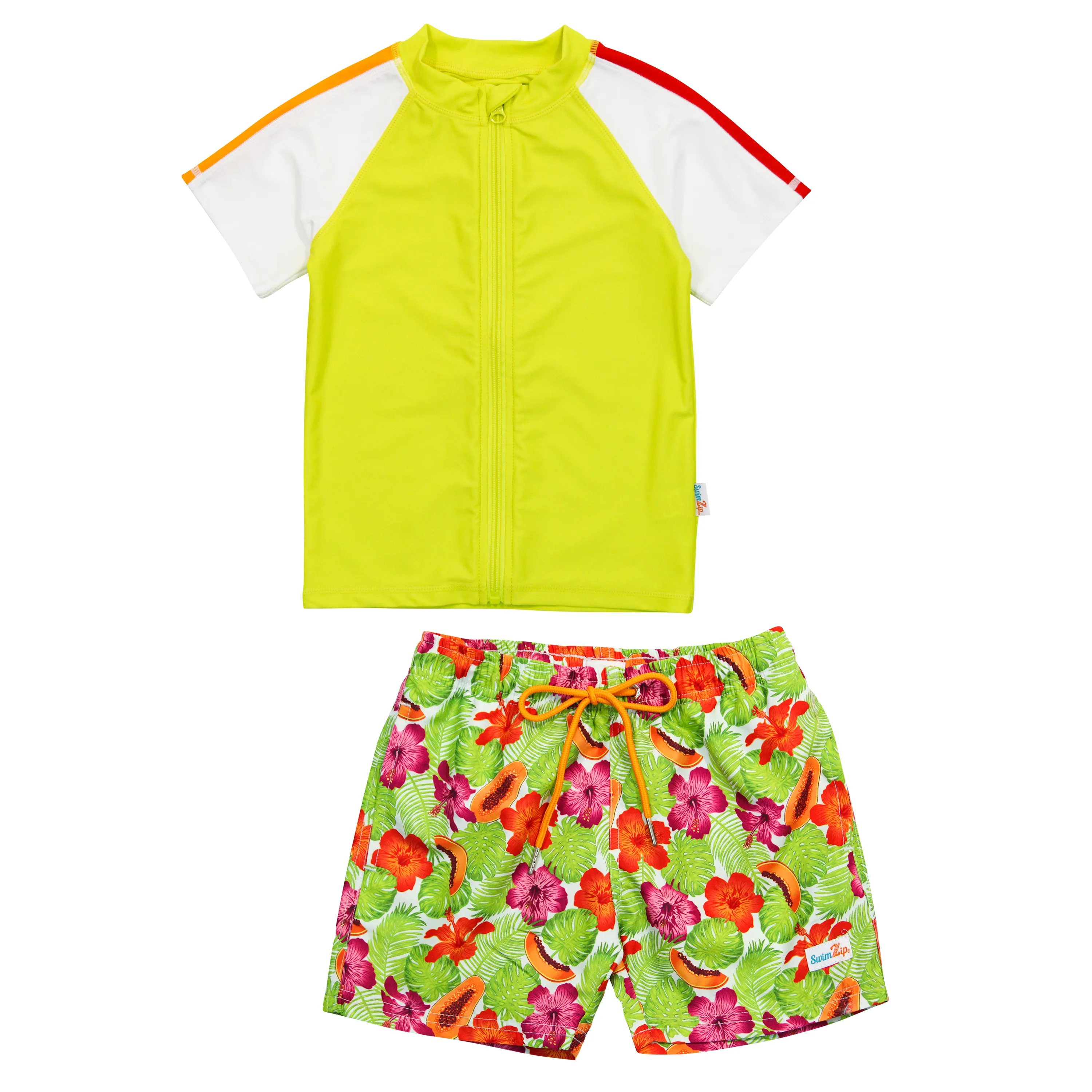 Boys Short Sleeve Zipper Rash Guard and Swim Trunk Set | "Hibiscus"