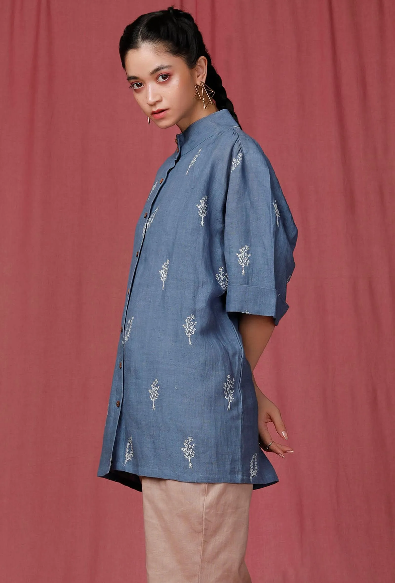 Caroline Blue Handblock Printed Linen Shirt