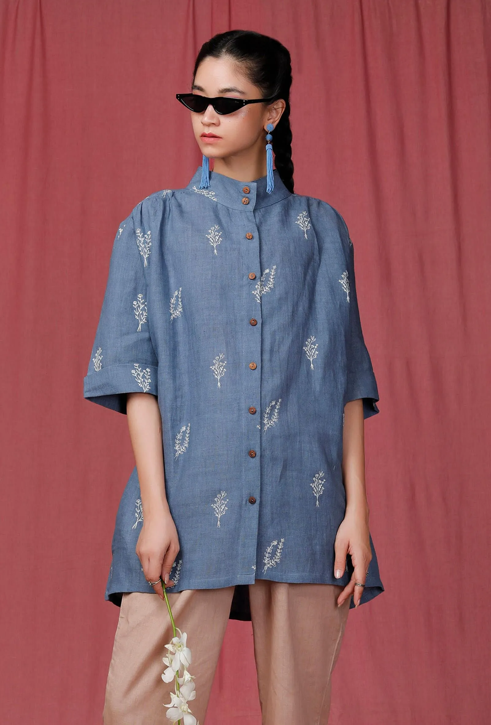 Caroline Blue Handblock Printed Linen Shirt