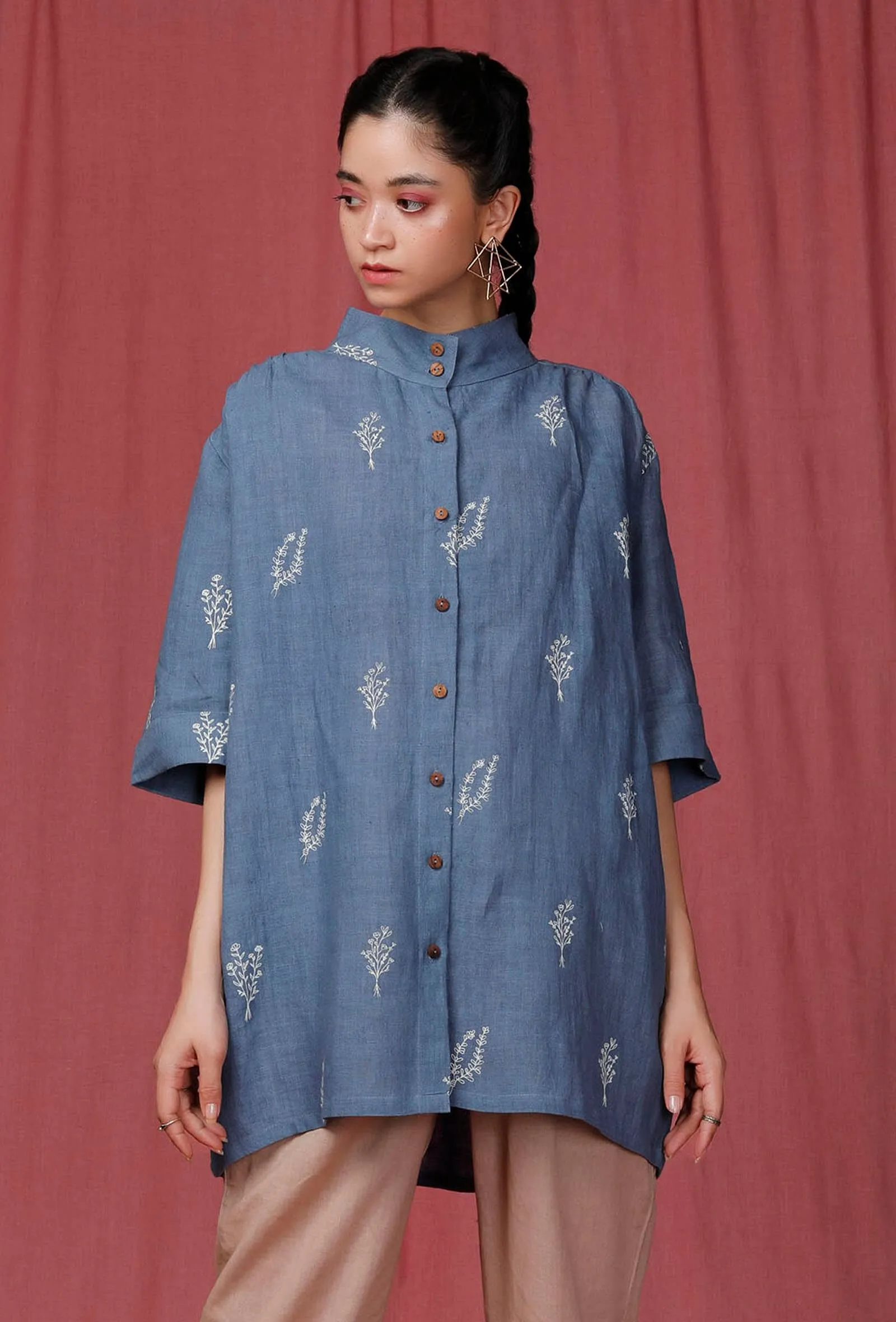 Caroline Blue Handblock Printed Linen Shirt