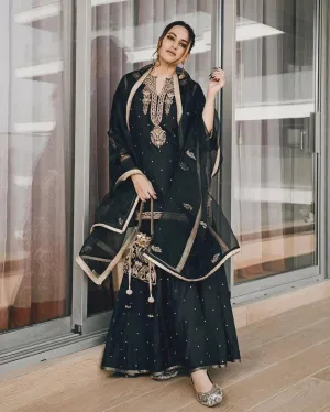 Charming Black Colored Pure Chinon Silk Heavy Embroidery Work Sharara Suits Sets For Women