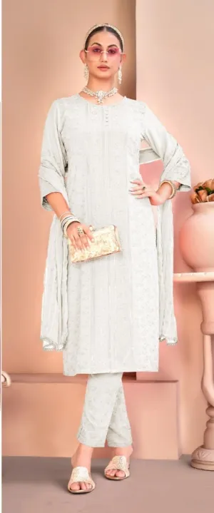 Charming White Color Viscose Rayon Salwar Suits With Dupatta Set