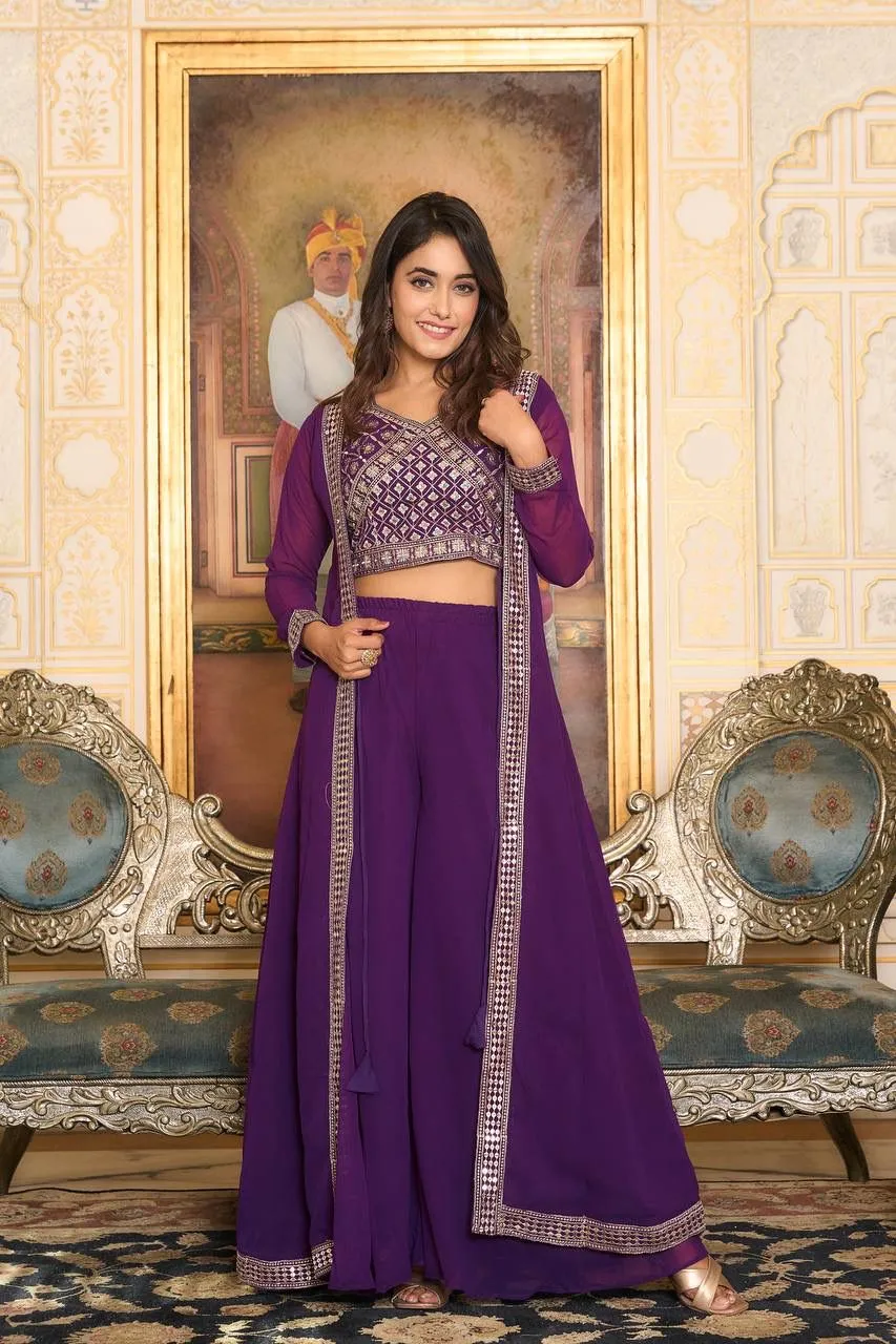 Dazzling Violet Color Heavy Georgette Embroidery Lace Kurti With Palazzo Suits For Women