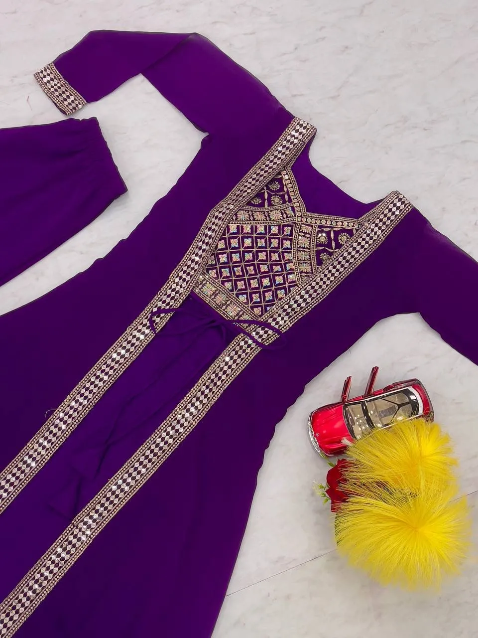 Dazzling Violet Color Heavy Georgette Embroidery Lace Kurti With Palazzo Suits For Women