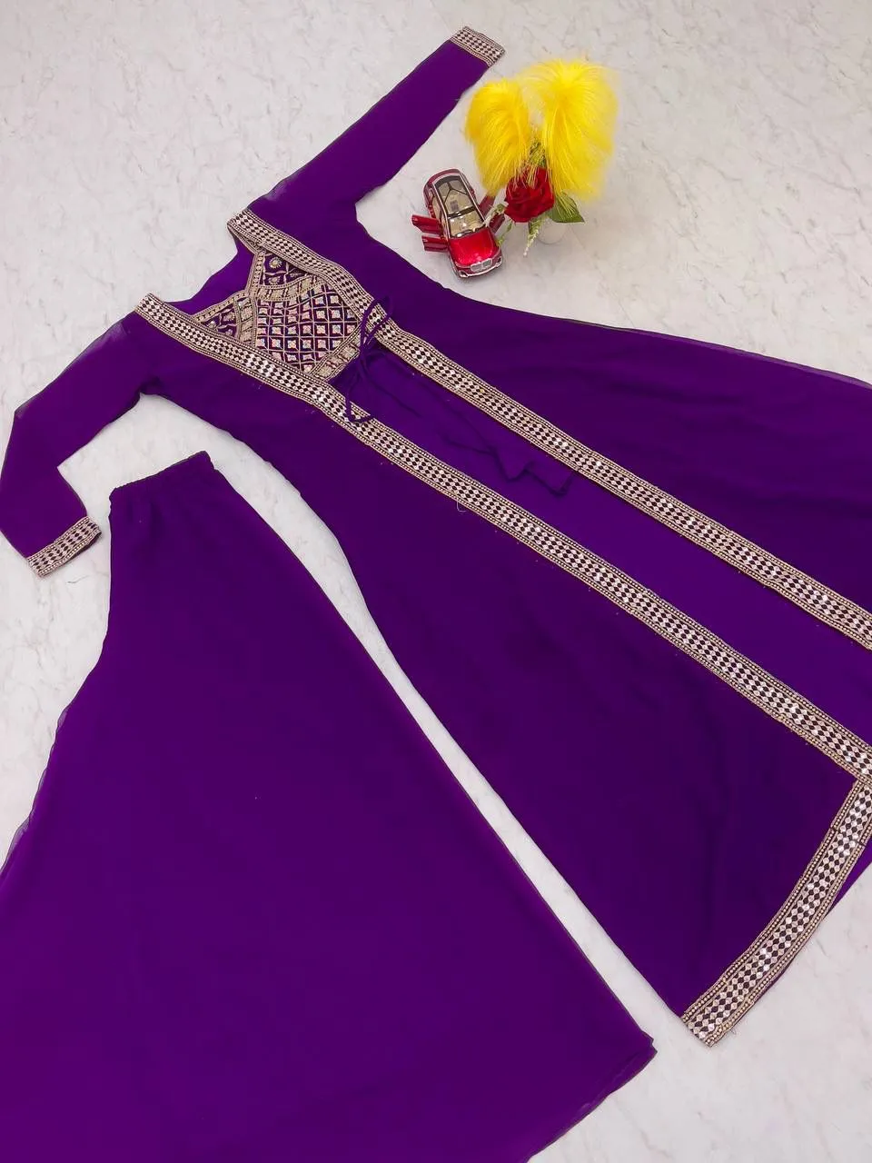 Dazzling Violet Color Heavy Georgette Embroidery Lace Kurti With Palazzo Suits For Women