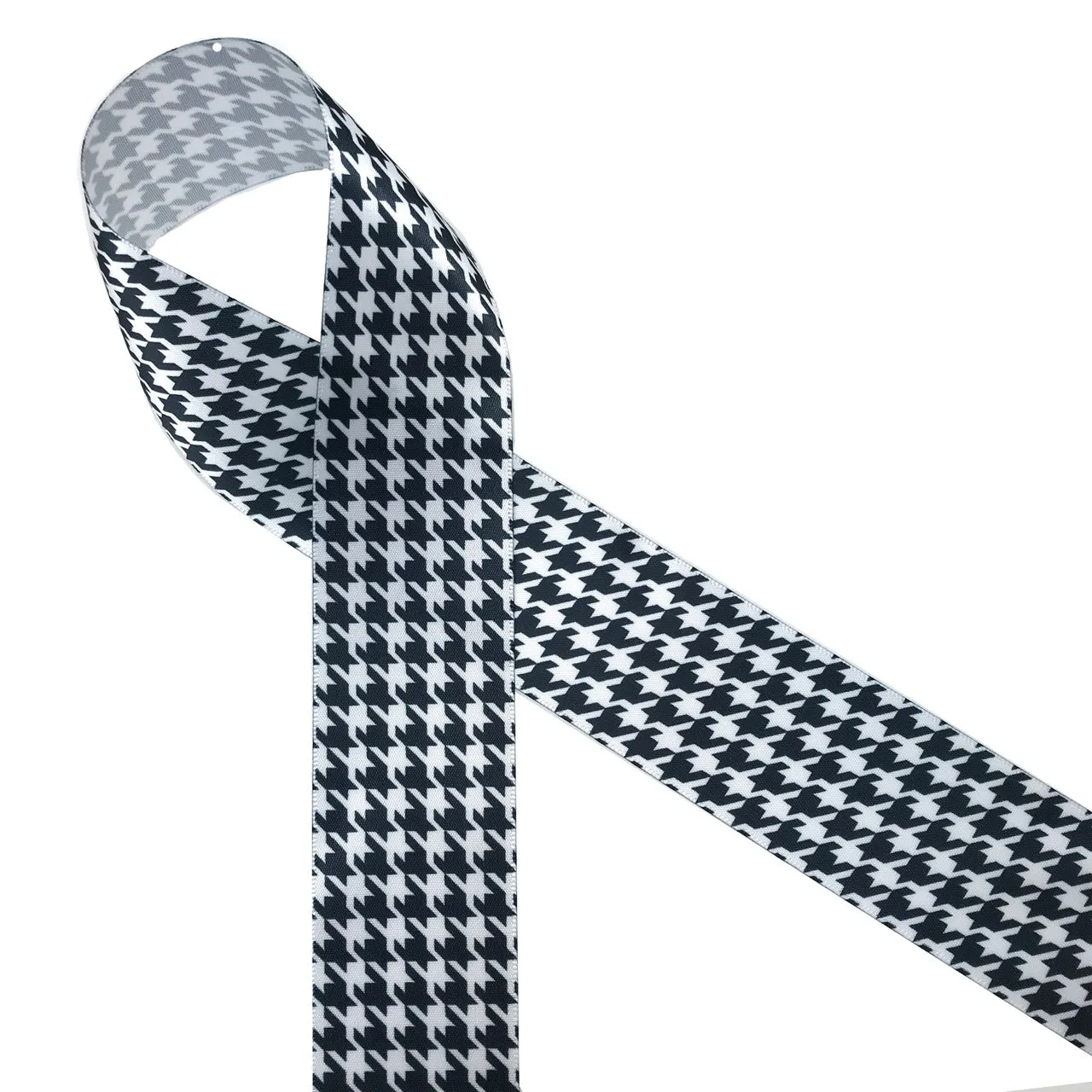 Houndstooth check ribbon in black on 1.5" white single face satin