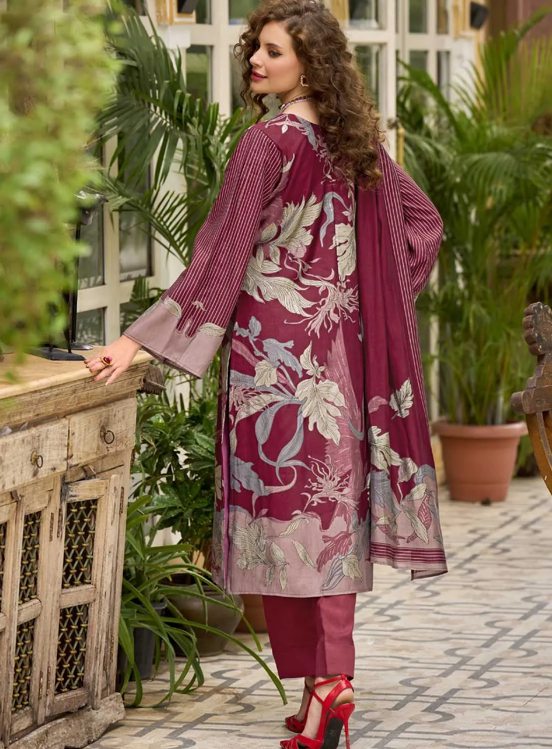 Kilory Maroon Unstitched Muslin Salwar Suit Dress Material for Women