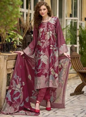 Kilory Maroon Unstitched Muslin Salwar Suit Dress Material for Women