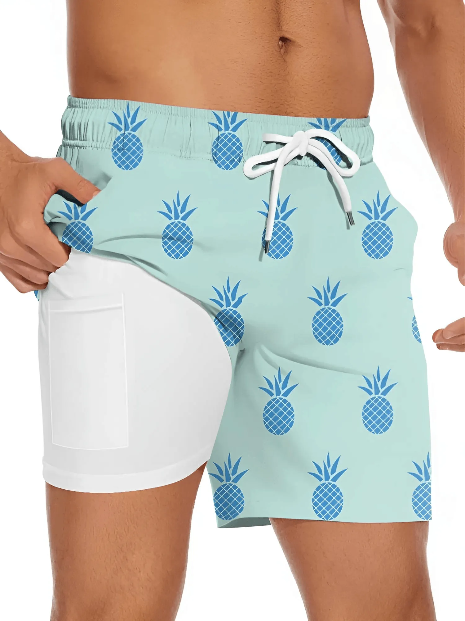 Men's Pineapple Print Shorts - 2-in-1 Shorts For Beach Holiday