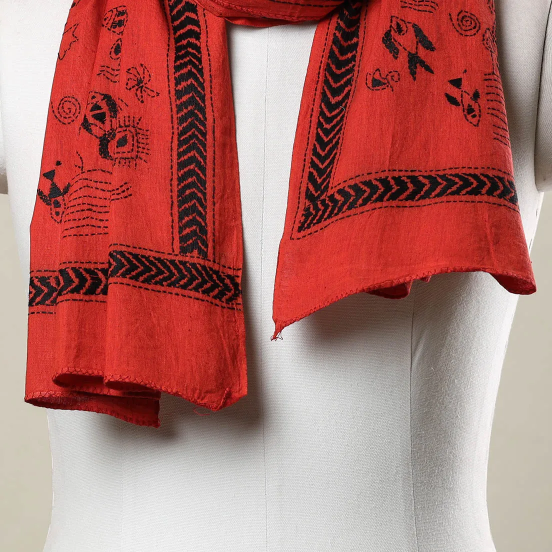 Orange - Bengal Kantha Hand Embroidery Cotton Stole 16