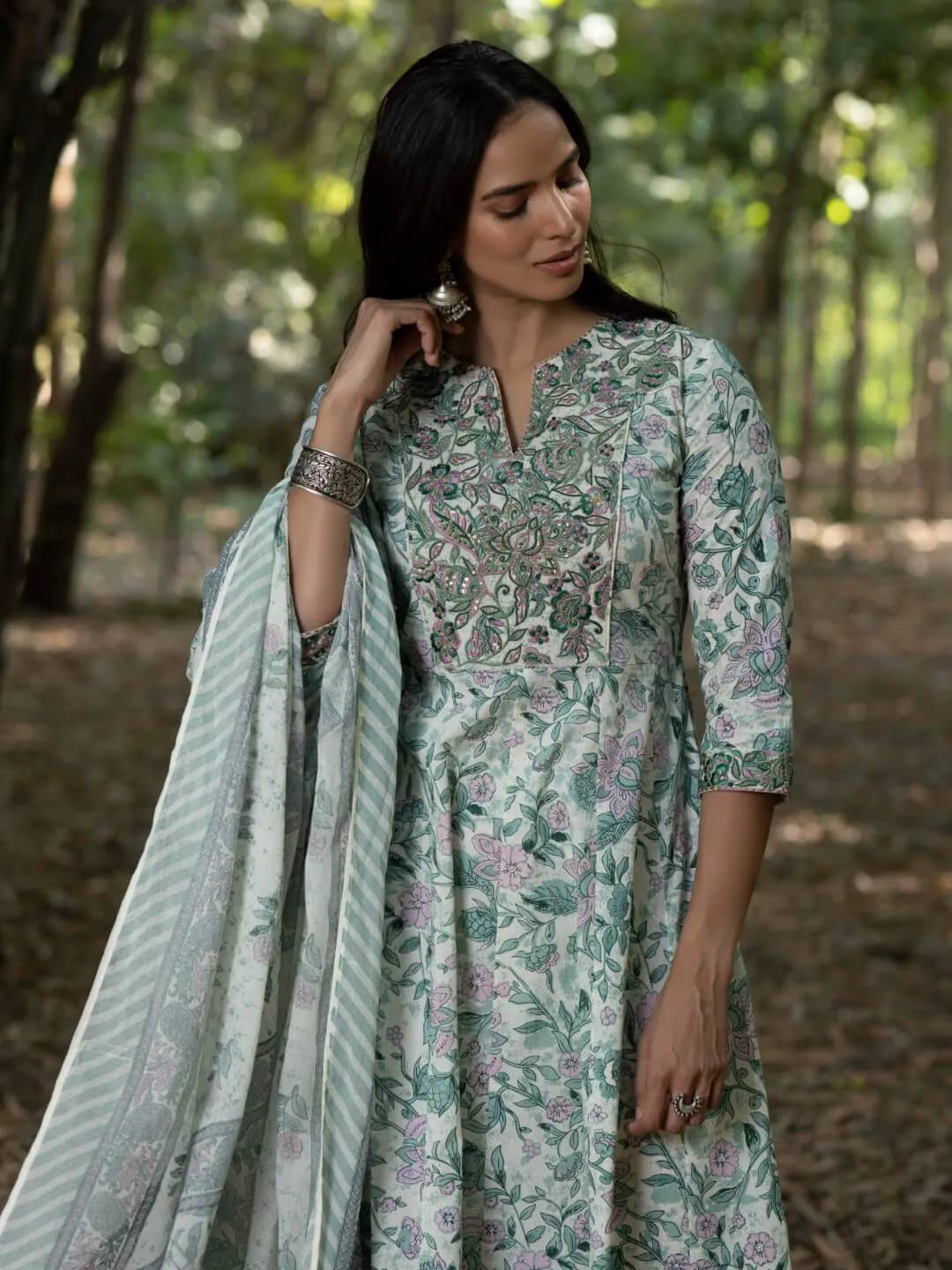 PRAKRITI - FLORAL PRINT PURE COTTON ANARKALI KURTA SET WITH MULMUL DUPATTA AND INTRICATE EMBROIDERY WORK