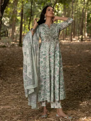 PRAKRITI - FLORAL PRINT PURE COTTON ANARKALI KURTA SET WITH MULMUL DUPATTA AND INTRICATE EMBROIDERY WORK