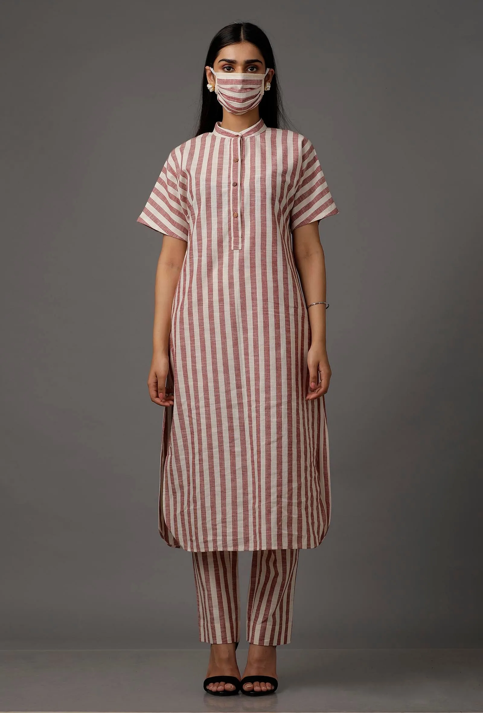 Red and White Stripes Pure Woven Cotton Kurta