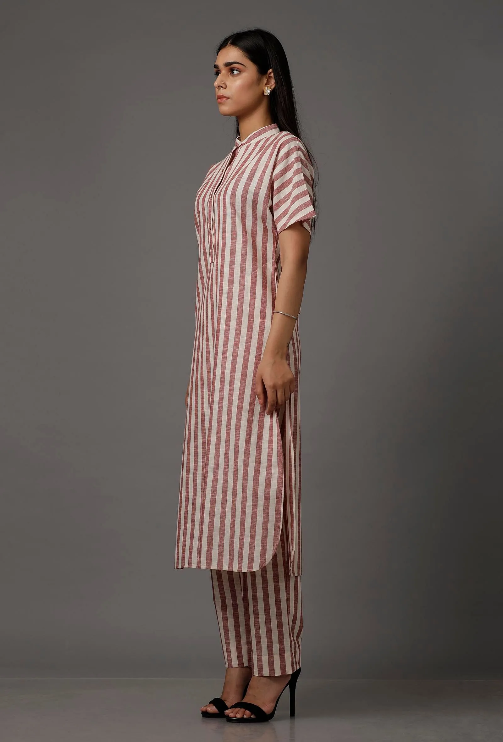 Red and White Stripes Pure Woven Cotton Kurta