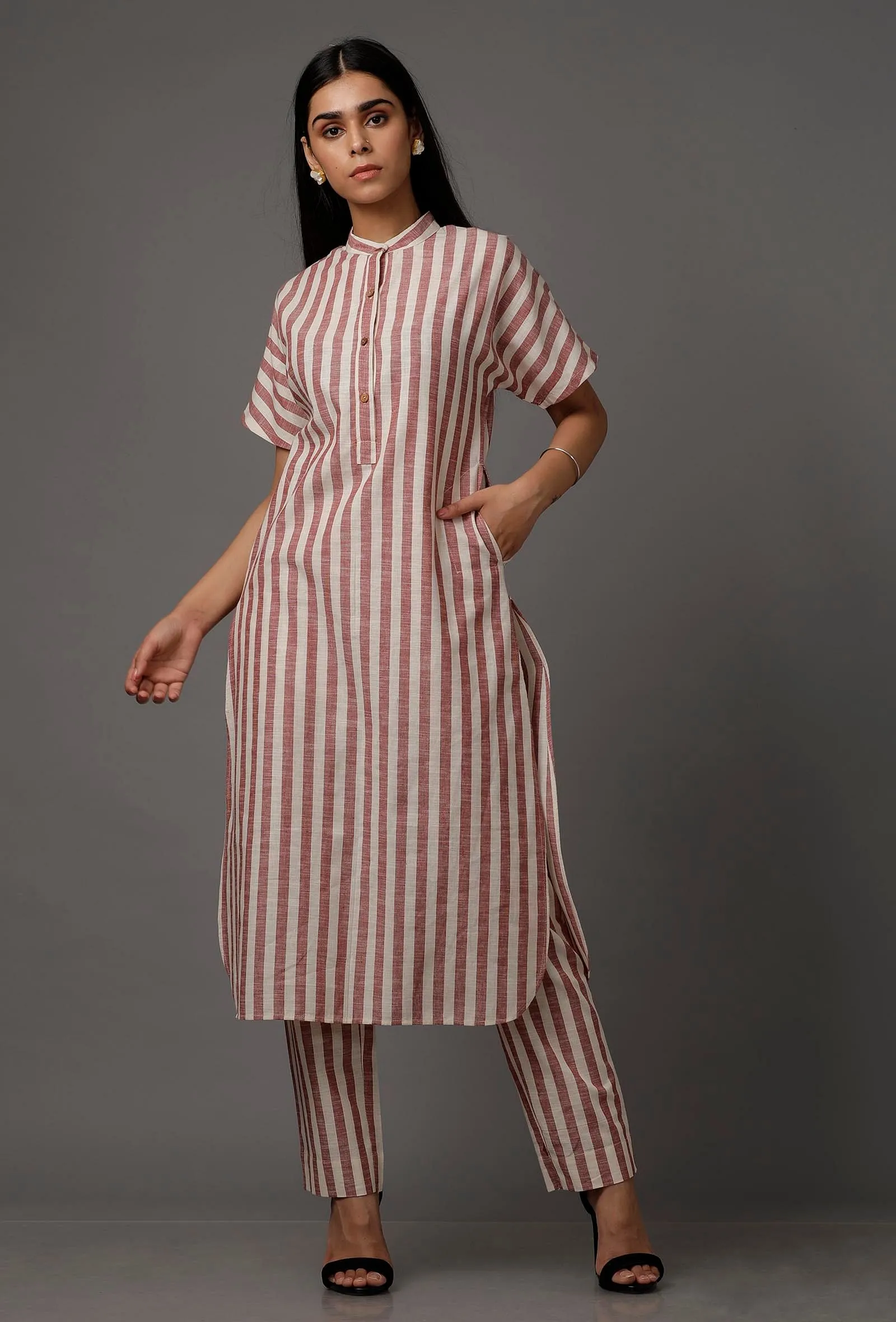 Red and White Stripes Pure Woven Cotton Kurta