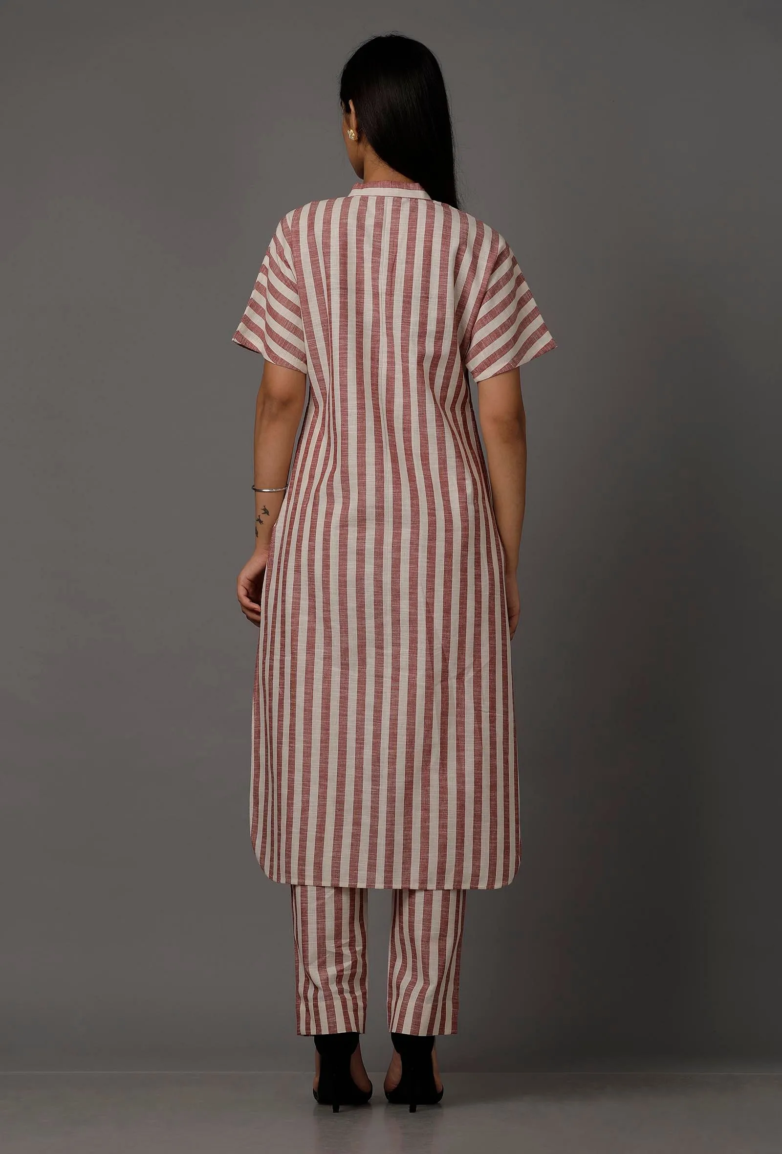 Red and White Stripes Pure Woven Cotton Kurta