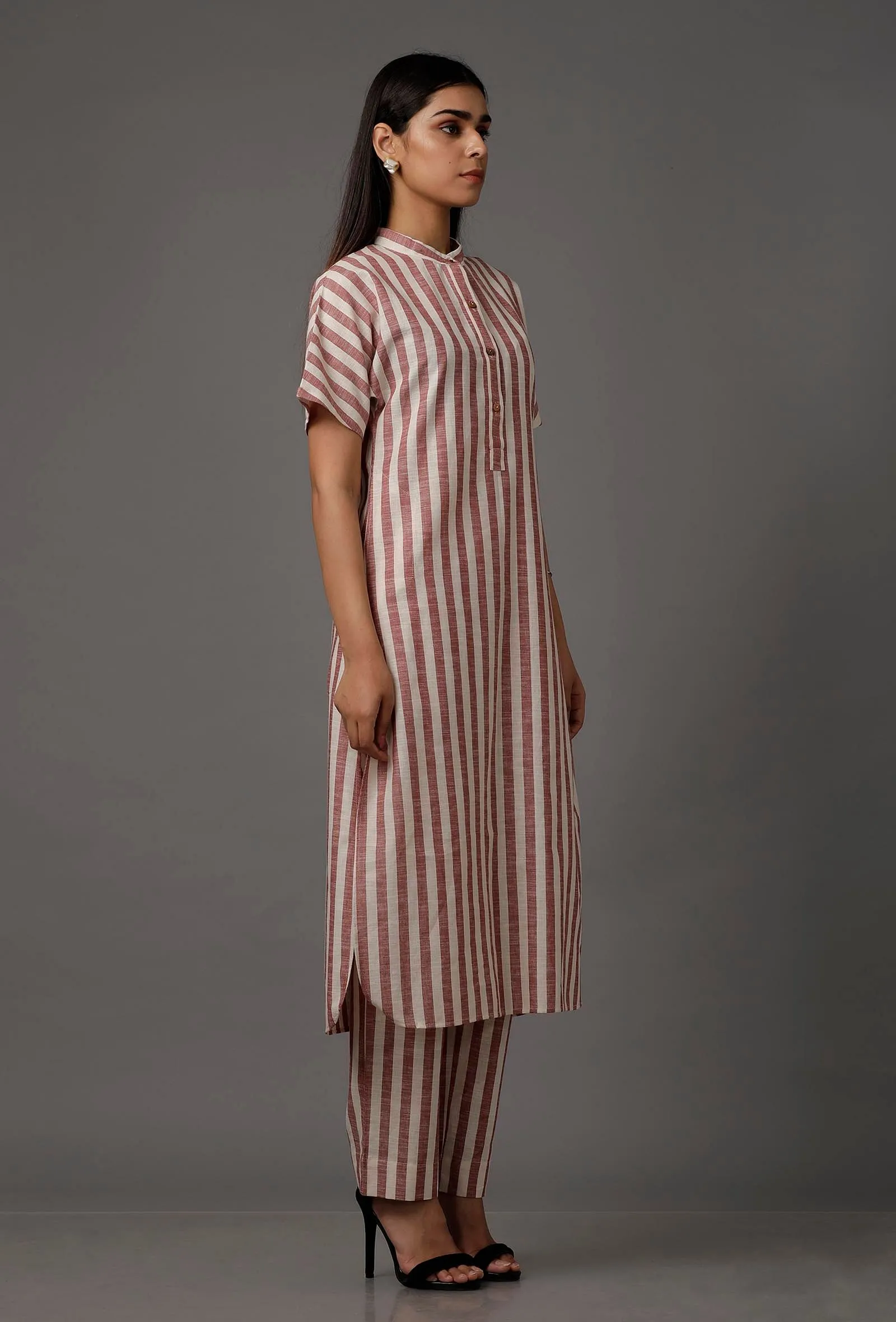 Red and White Stripes Pure Woven Cotton Kurta