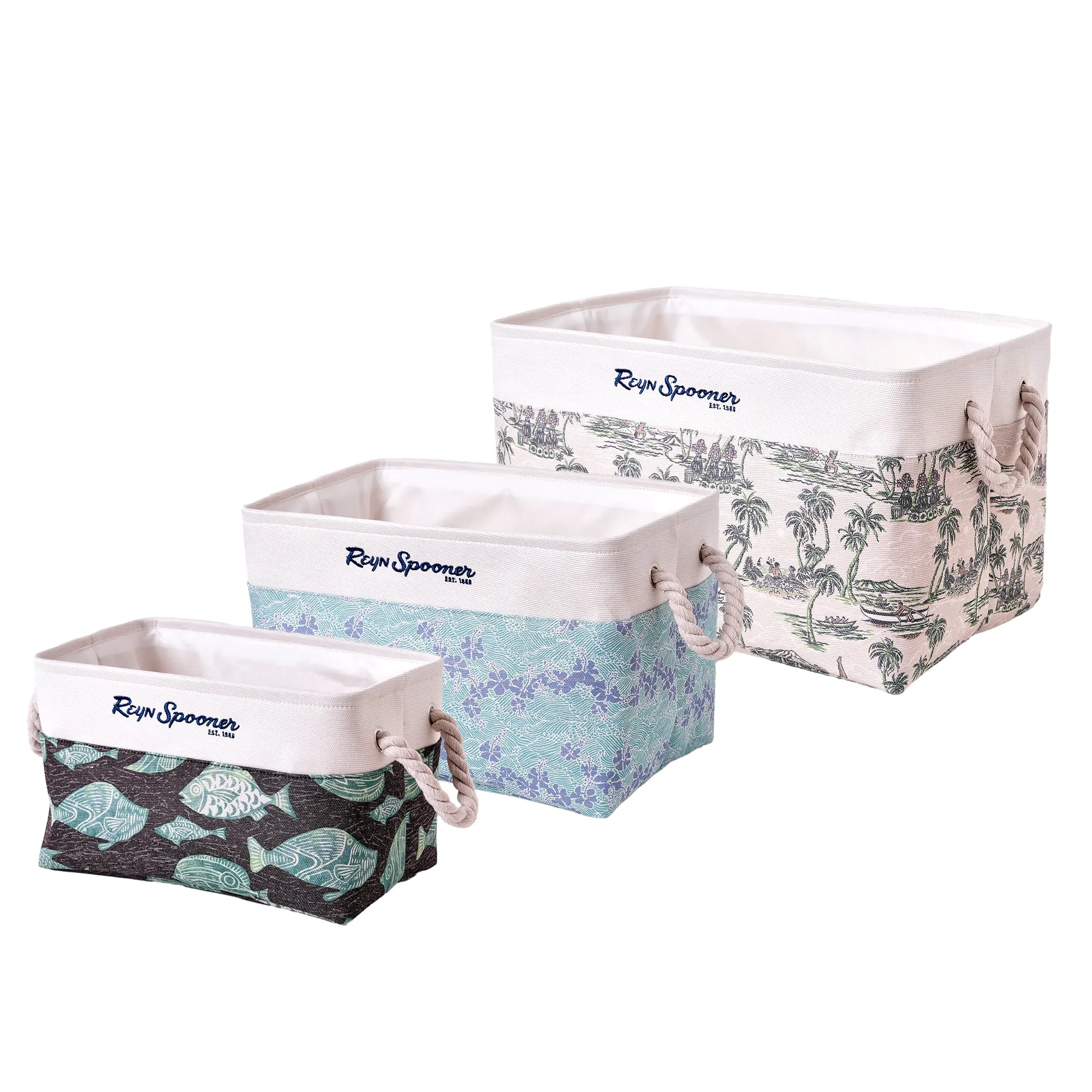 Reyn Spooner 50th State Waves, The Reef, Island Paradise, Printed Fabric Basket Set of 3