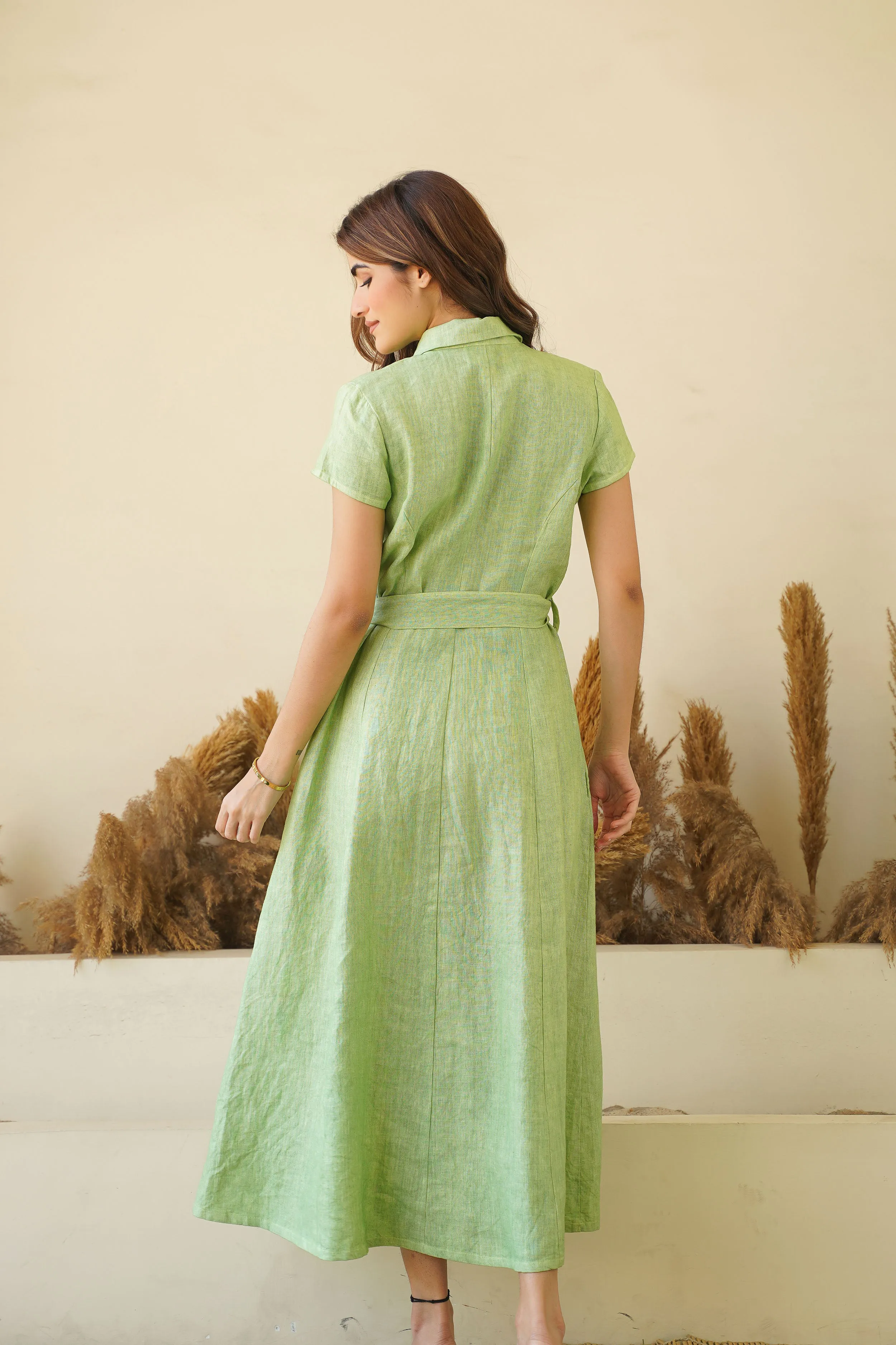 Sage Green Linen Button-Down Dress with Lapel Collars, Cap Sleeves & Tie Belt | Fit and Flare Dress