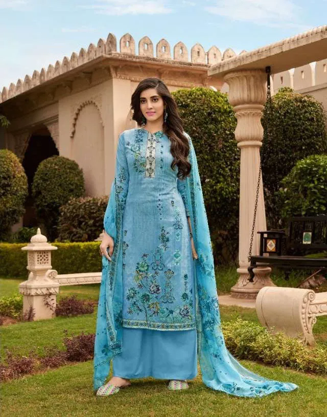 Unstitched Punjabi Ladies cotton Salwar Suit Fabric With Blue Dupatta