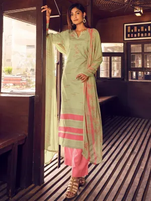 Women's Green Unstitched Cotton Suit Dress Material with Dupatta