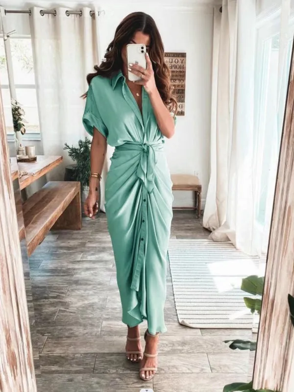 Women's Solid color pleated short sleeve shirt dress